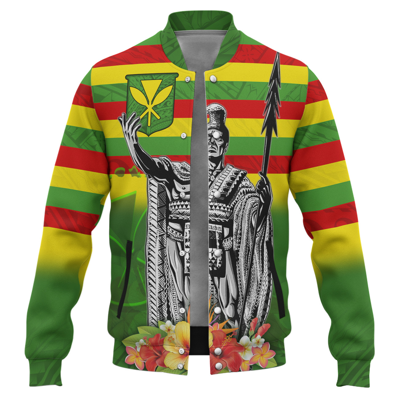 Hawaii Bomber Jacket Hawaii King With Flag Color With Traditional Patterns