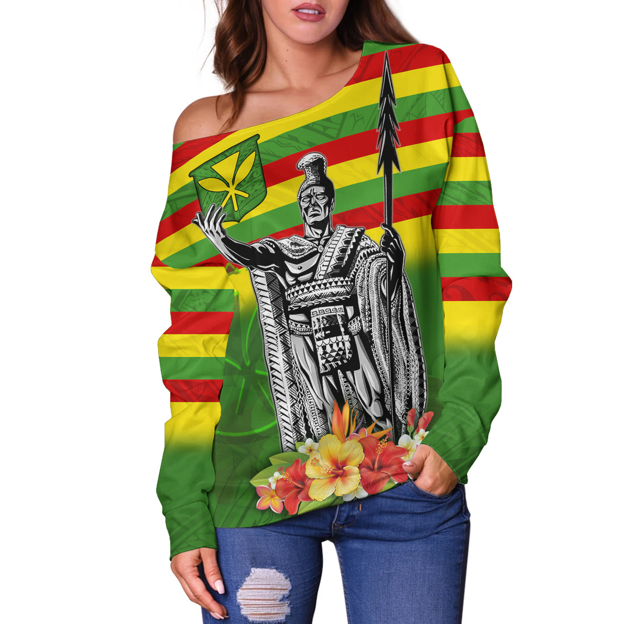 Hawaii Off Shoulder Sweatshirt Hawaii King With Flag Color With Traditional Patterns