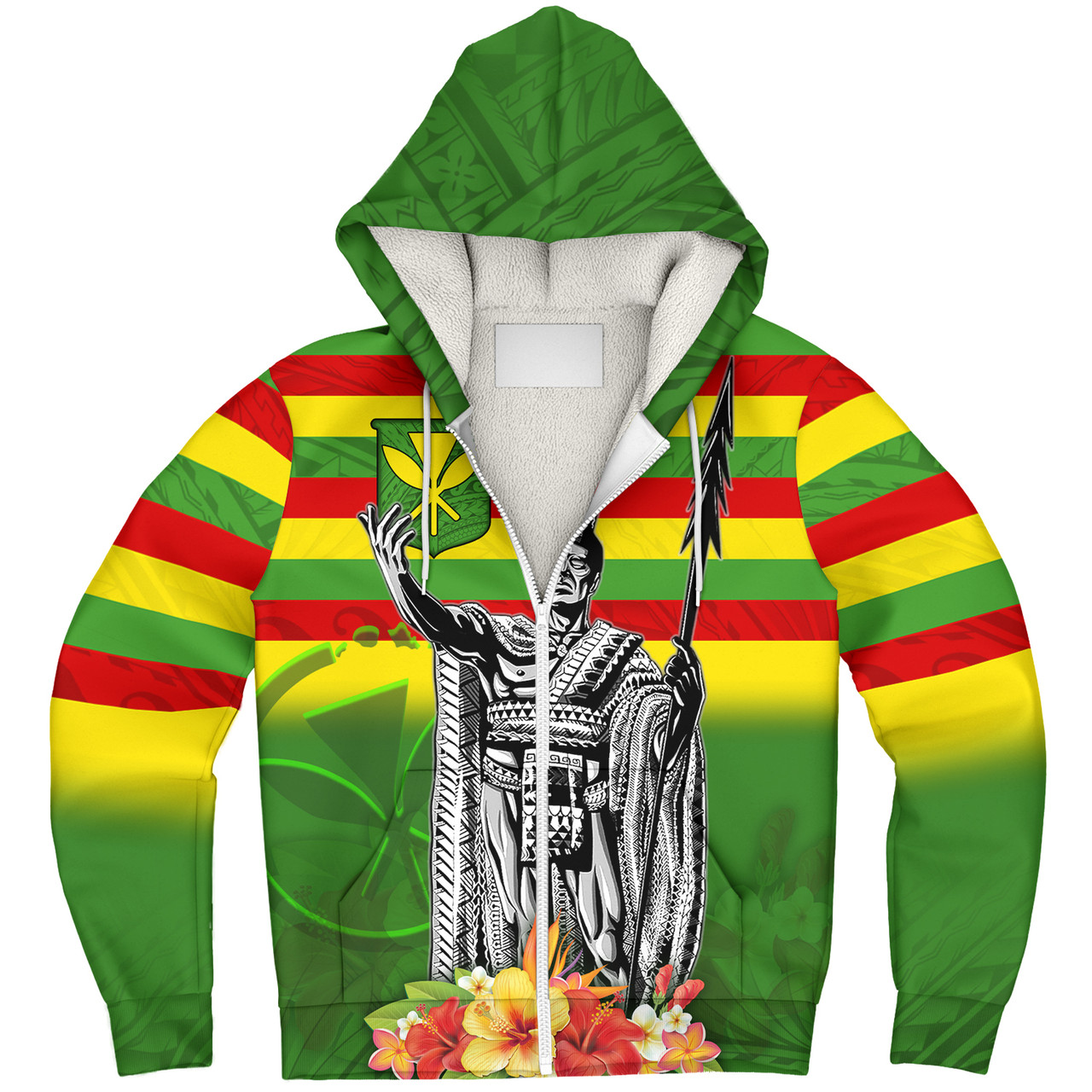 Hawaii Sherpa Hoodie Hawaii King With Flag Color With Traditional Patterns