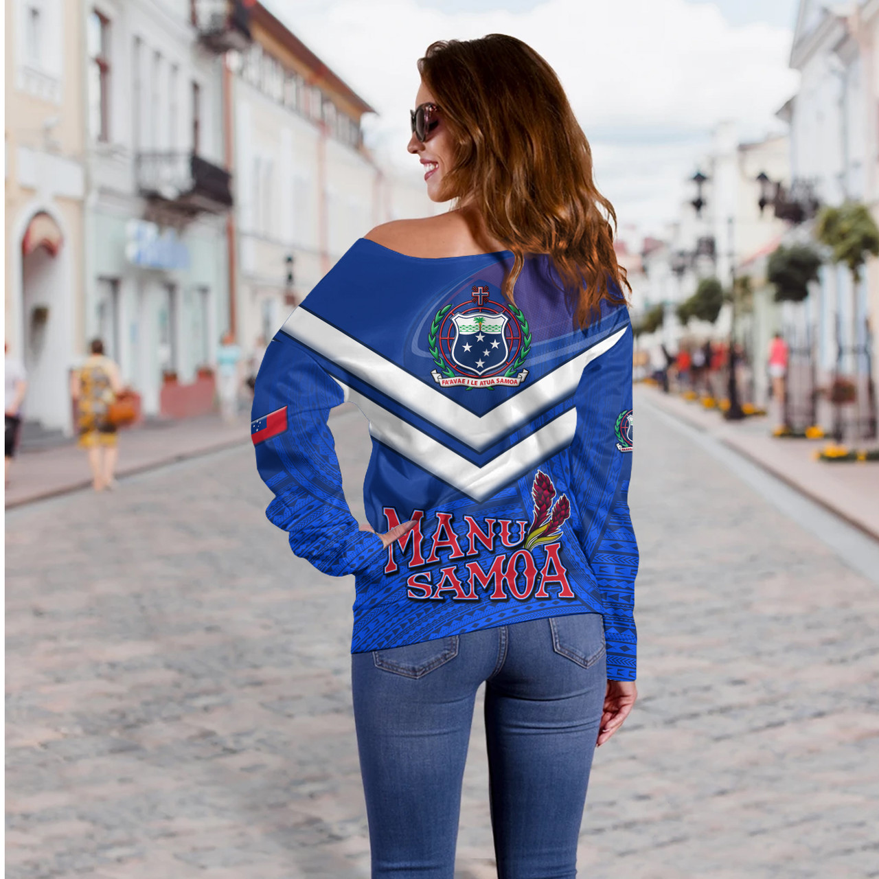 Samoa Off Shoulder Sweatshirt Samoa Tradition Patterns With Rugby Ball