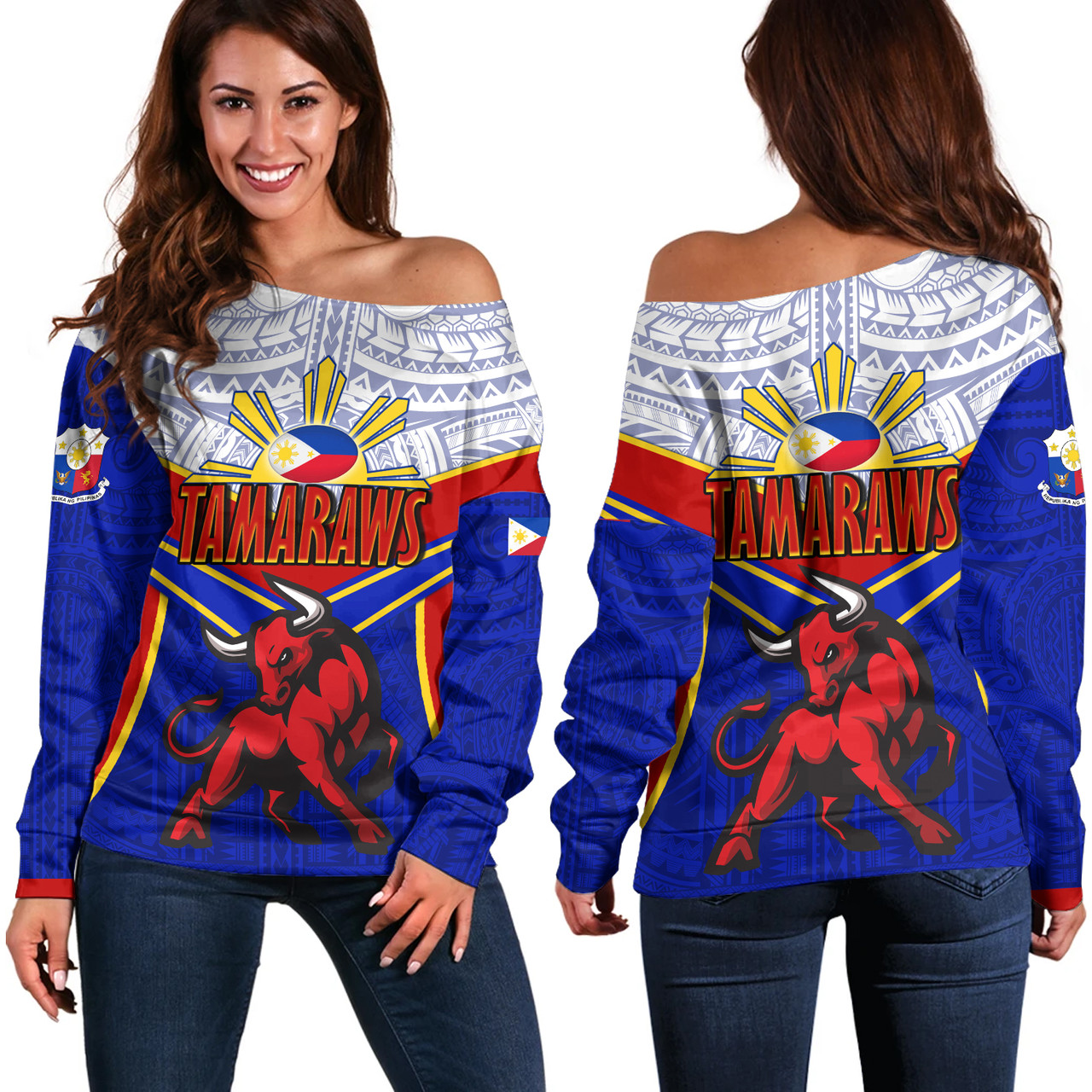 Philippines Filipinos Off Shoulder Sweatshirt Tamaraws Mascot Sport Style