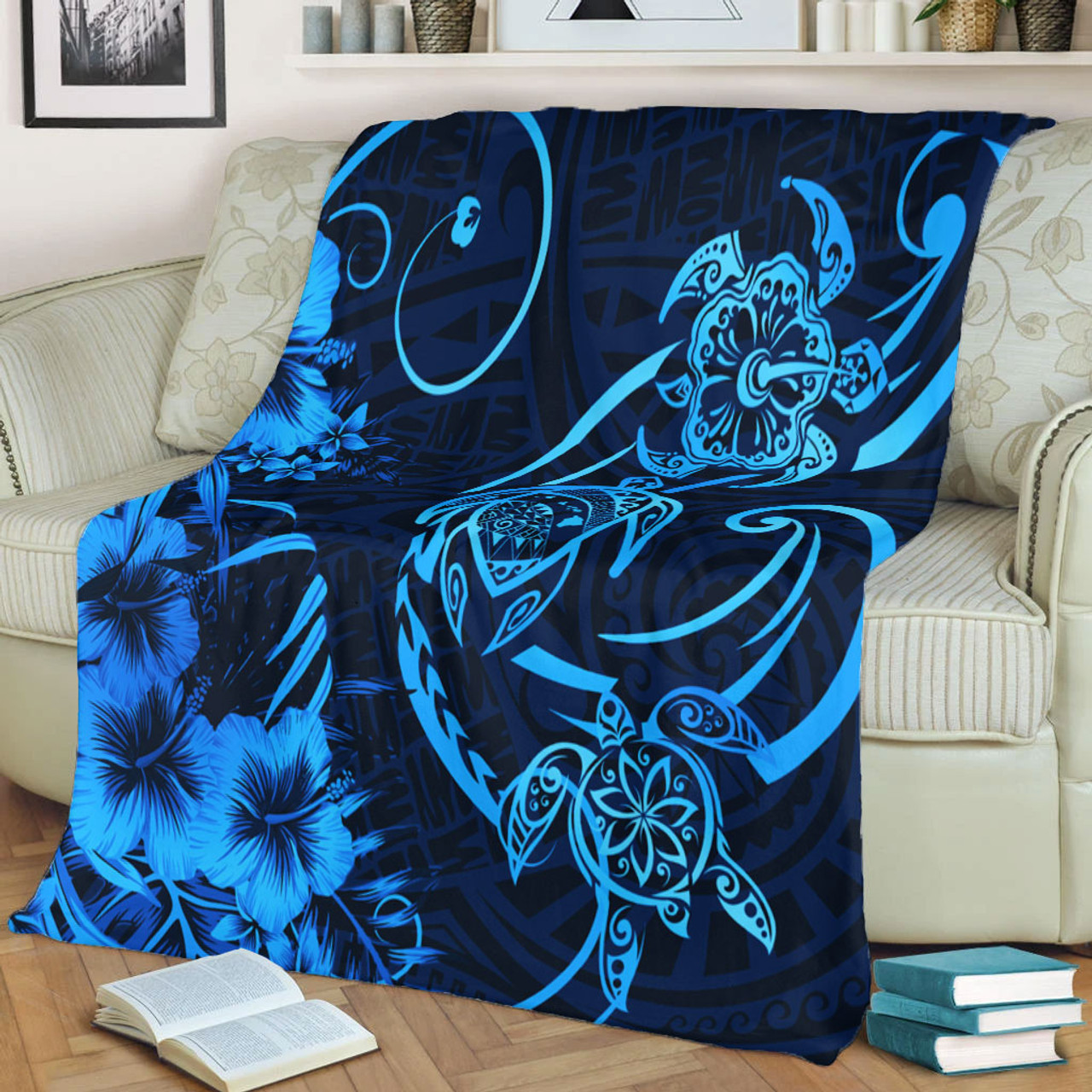 Hawaii Premium Blanket Hibiscus Flower And Map On The Back Turtle