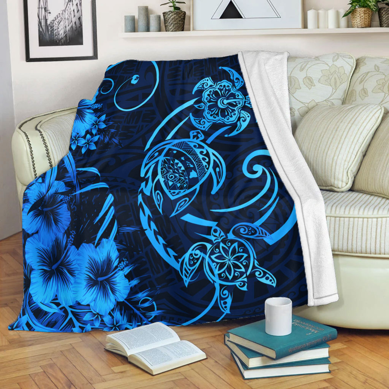 Hawaii Premium Blanket Hibiscus Flower And Map On The Back Turtle