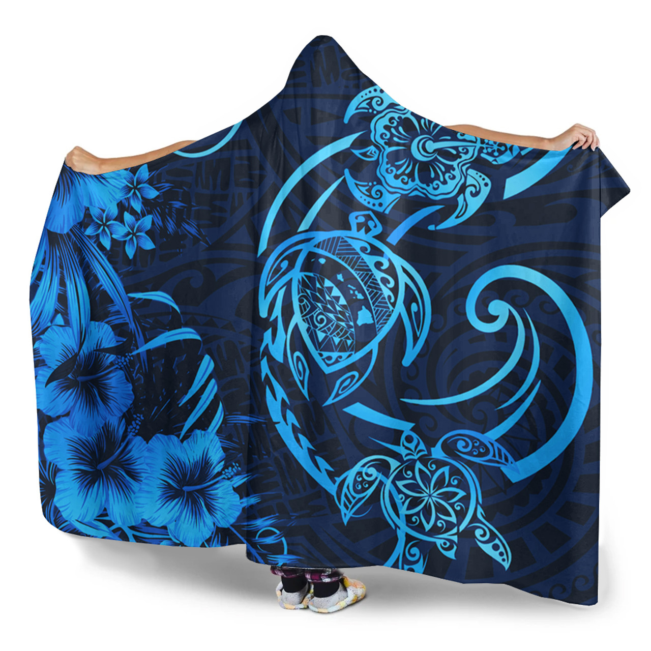 Hawaii Hooded Blanket Hibiscus Flower And Map On The Back Turtle