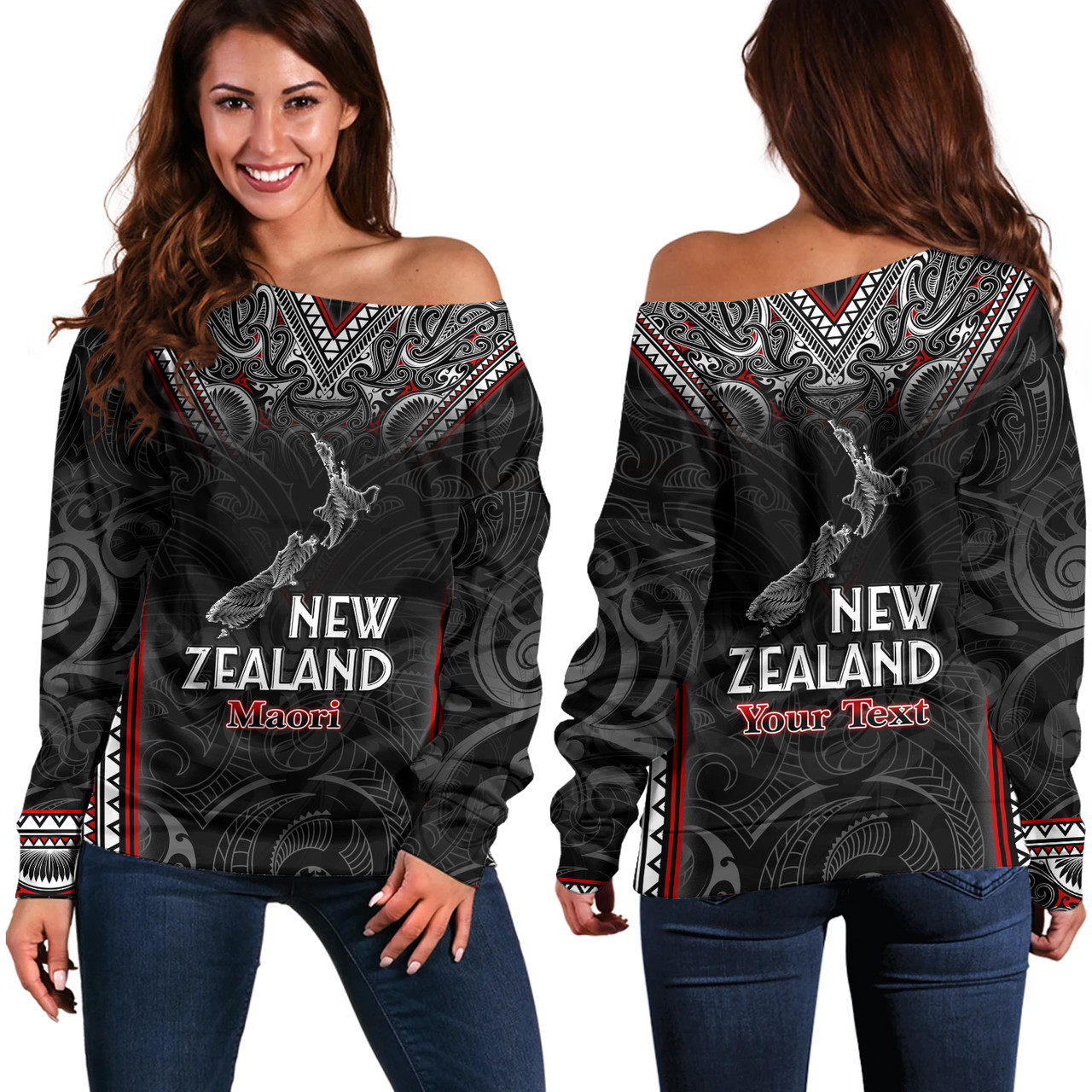 New Zealand Off Shoulder Sweatshirt Maori Patterns With Map Silver Fern