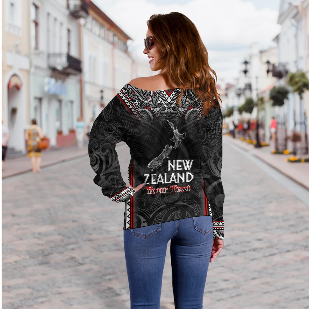 New Zealand Off Shoulder Sweatshirt Maori Patterns With Map Silver Fern