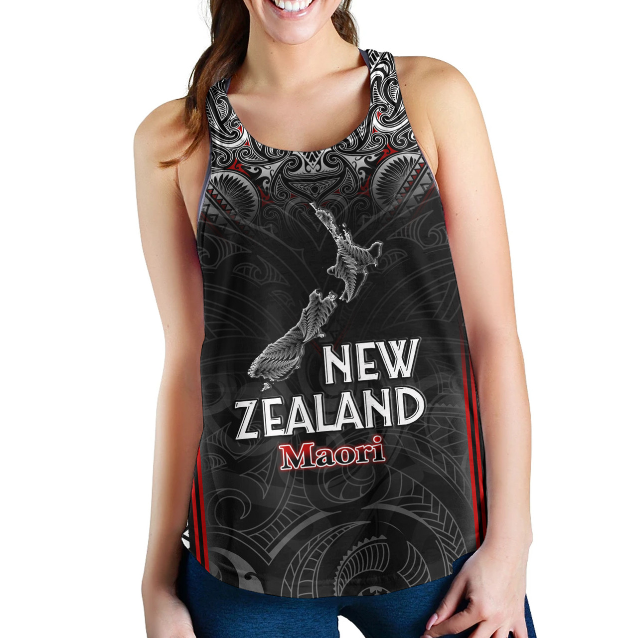 New Zealand Women Tank Maori Patterns With Map Silver Fern