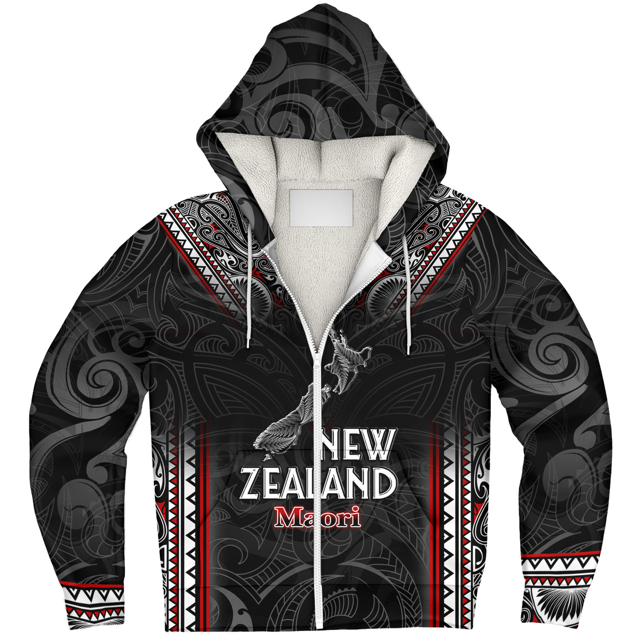 New Zealand Sherpa Hoodie Maori Patterns With Map Silver Fern