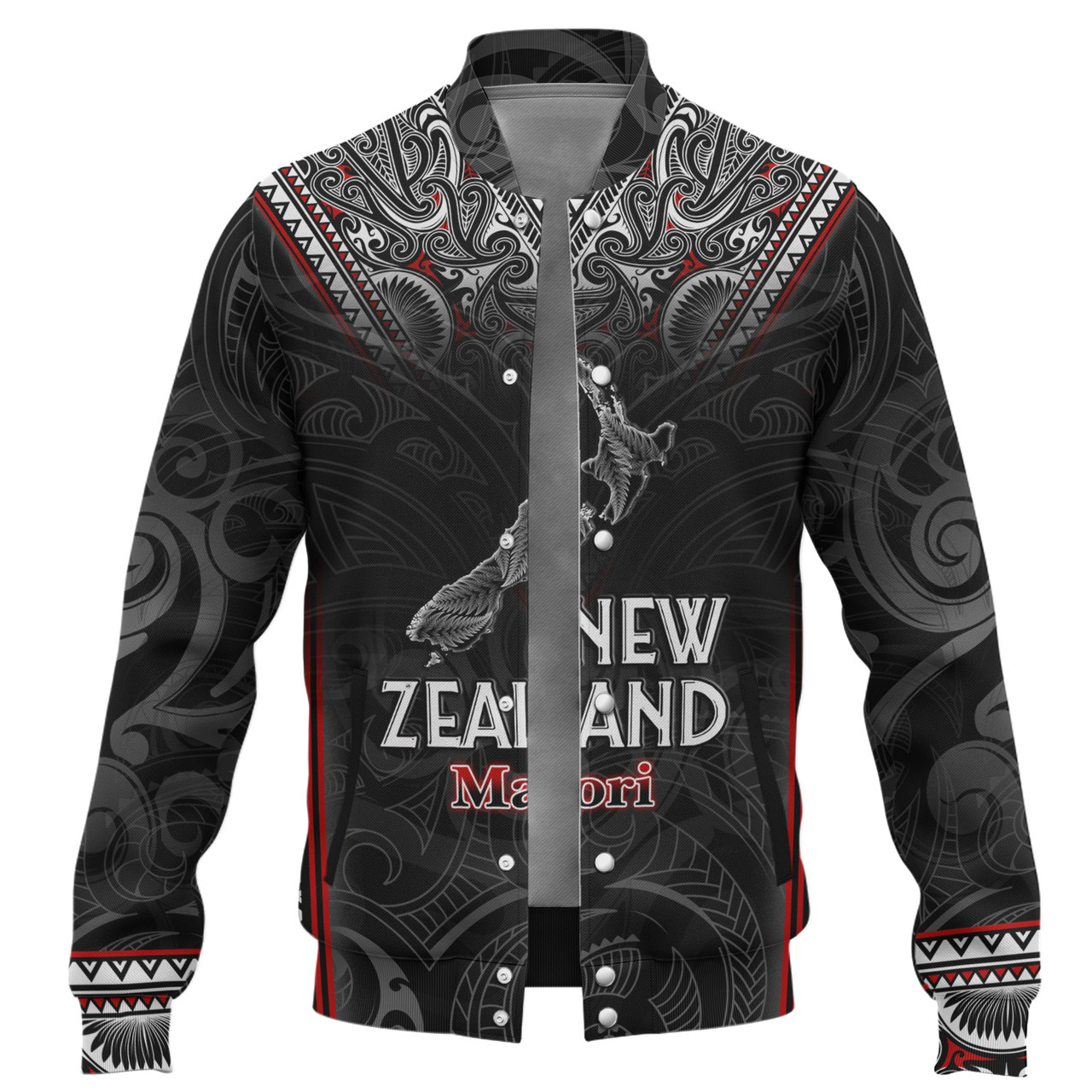 New Zealand Baseball Jacket Maori Patterns With Map Silver Fern