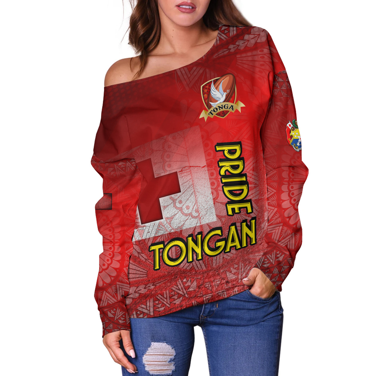 Tonga Custom Personalised Off Shoulder Sweatshirt Tongan Flag Rugby Pride Style