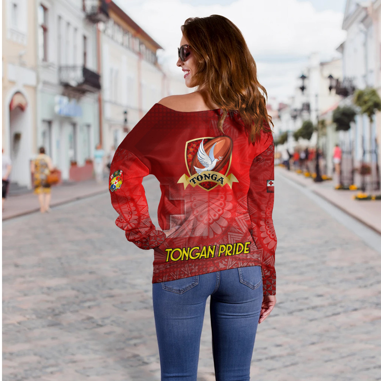 Tonga Custom Personalised Off Shoulder Sweatshirt Tongan Flag Rugby Pride Style