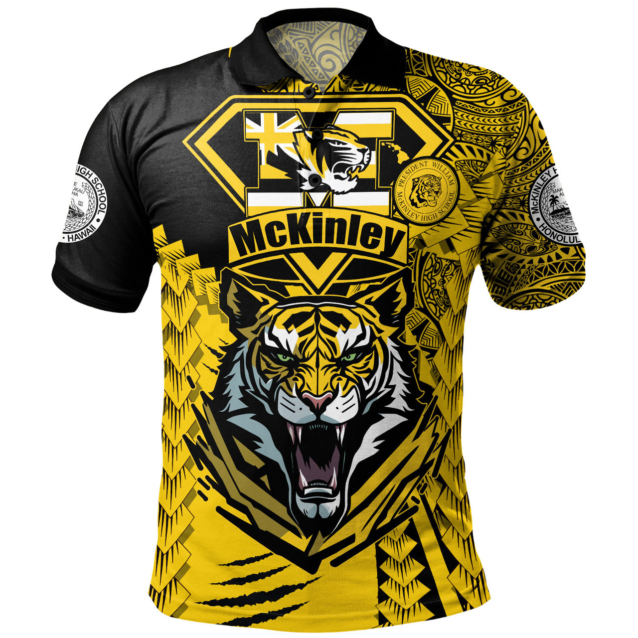 Hawaii Polo Shirt Custom McKinley High School Tigers Black and Gold Polynesian Style