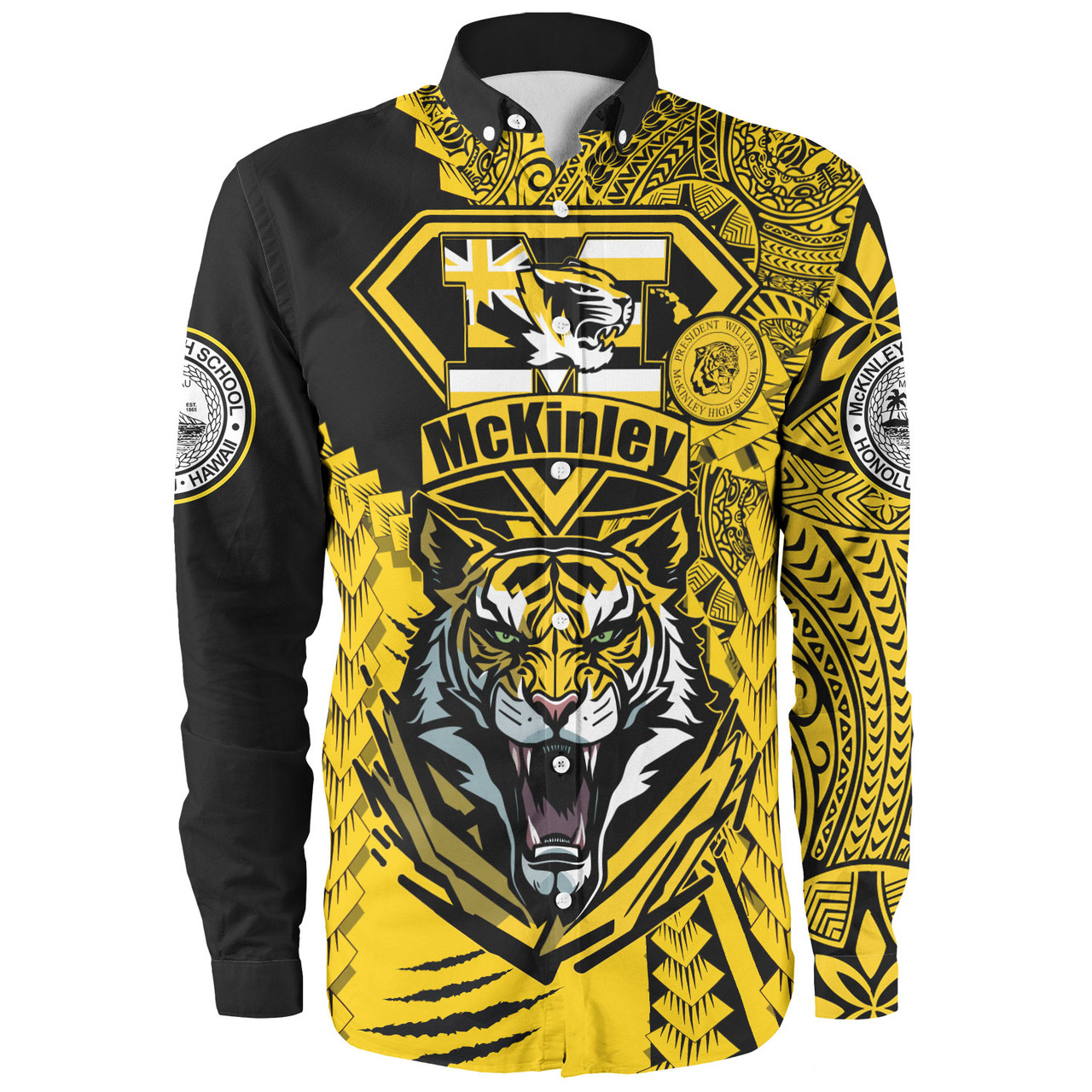 Hawaii Long Sleeve Shirt Custom McKinley High School Tigers Black and Gold Polynesian Style