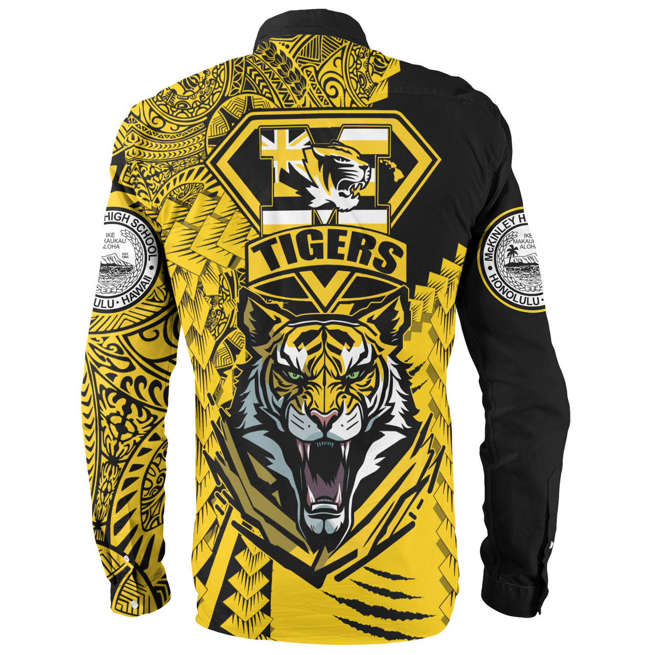 Hawaii Long Sleeve Shirt Custom McKinley High School Tigers Black and Gold Polynesian Style