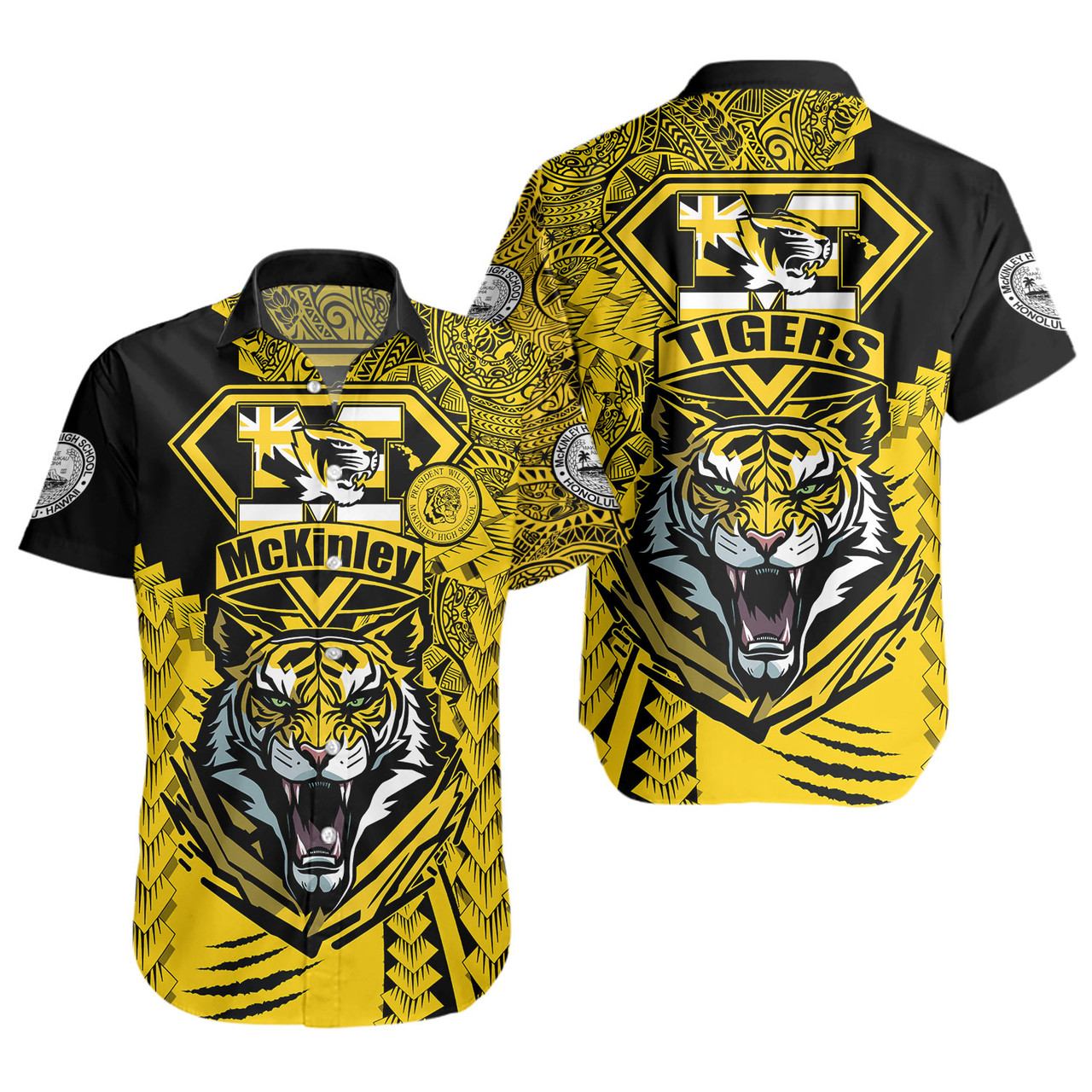 Hawaii Short Sleeve Shirt Custom McKinley High School Tigers Black and Gold Polynesian Style