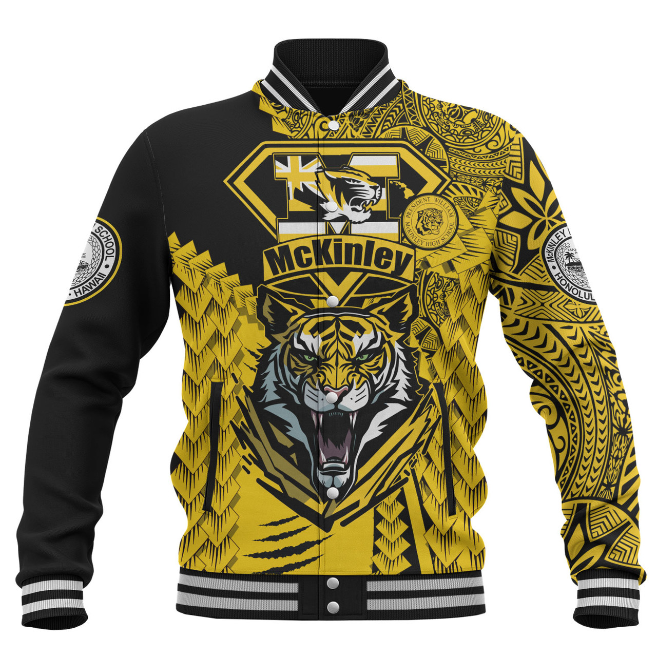 Hawaii Baseball Jacket Custom McKinley High School Tigers Black and Gold Polynesian Style