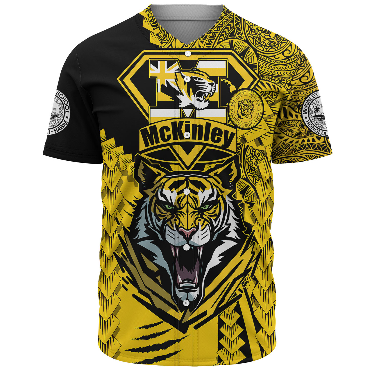 Hawaii Baseball Shirt Custom McKinley High School Tigers Black and Gold Polynesian Style