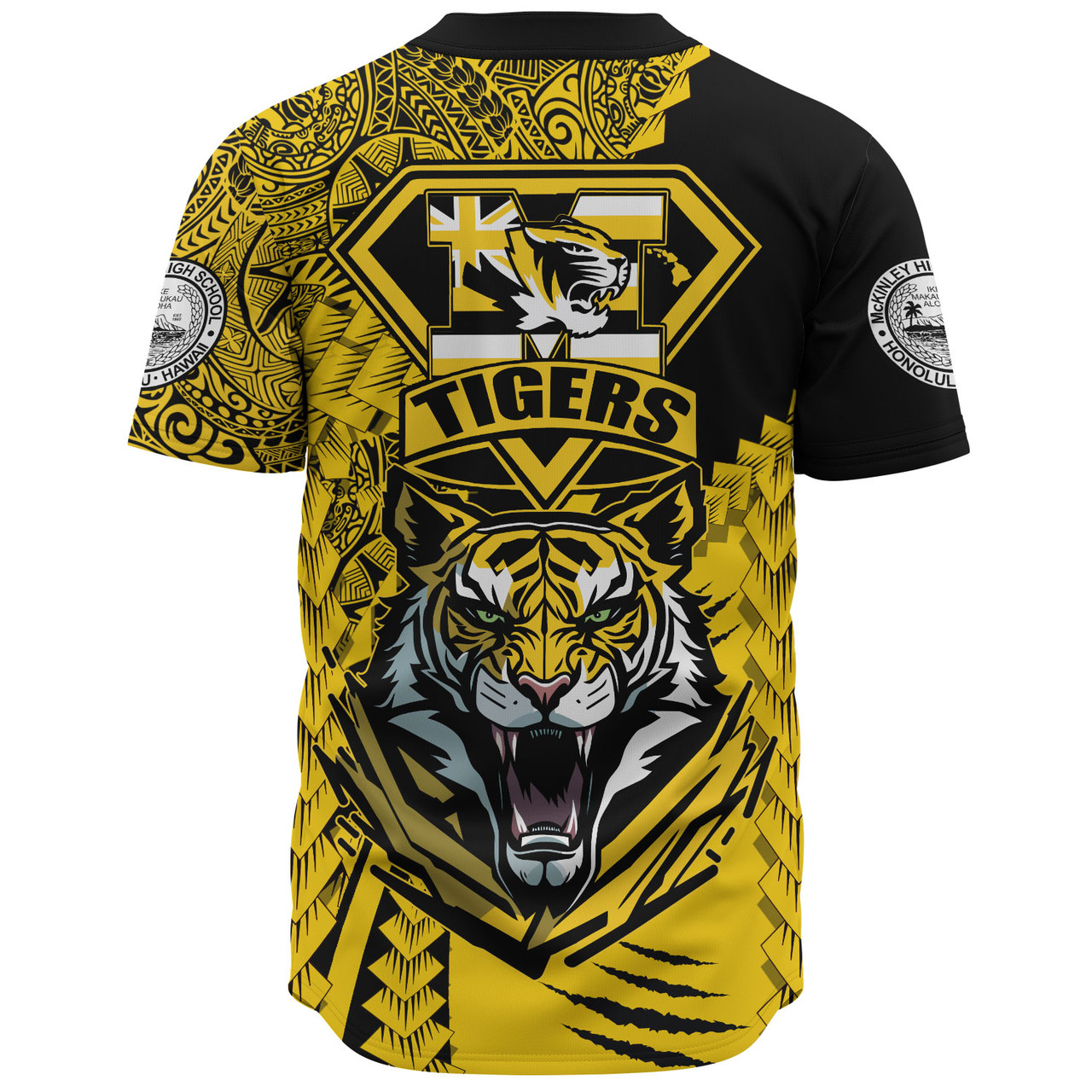 Hawaii Baseball Shirt Custom McKinley High School Tigers Black and Gold Polynesian Style