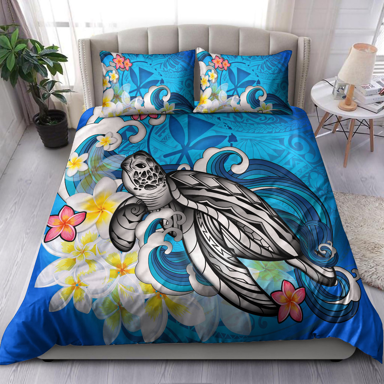 Hawaii Bedding Set Turtle With Plumeria Flowers