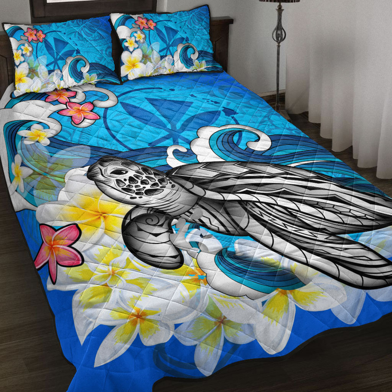 Hawaii Quilt Bed Set Turtle With Plumeria Flowers