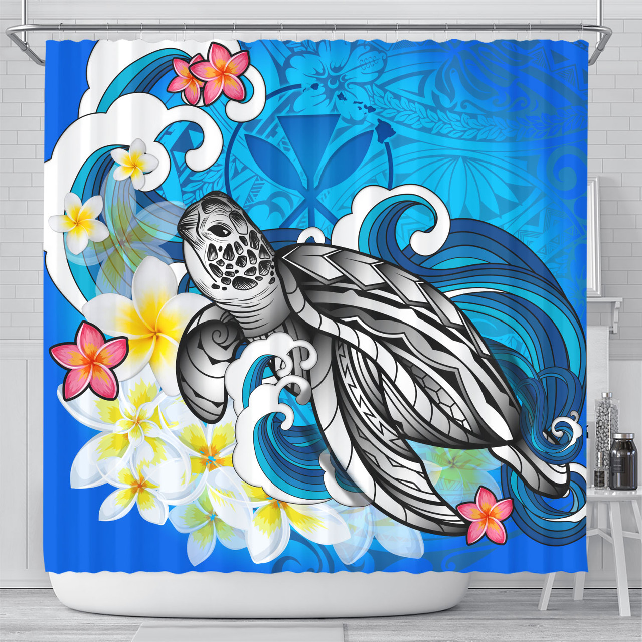 Hawaii Shower Curtain Turtle With Plumeria Flowers