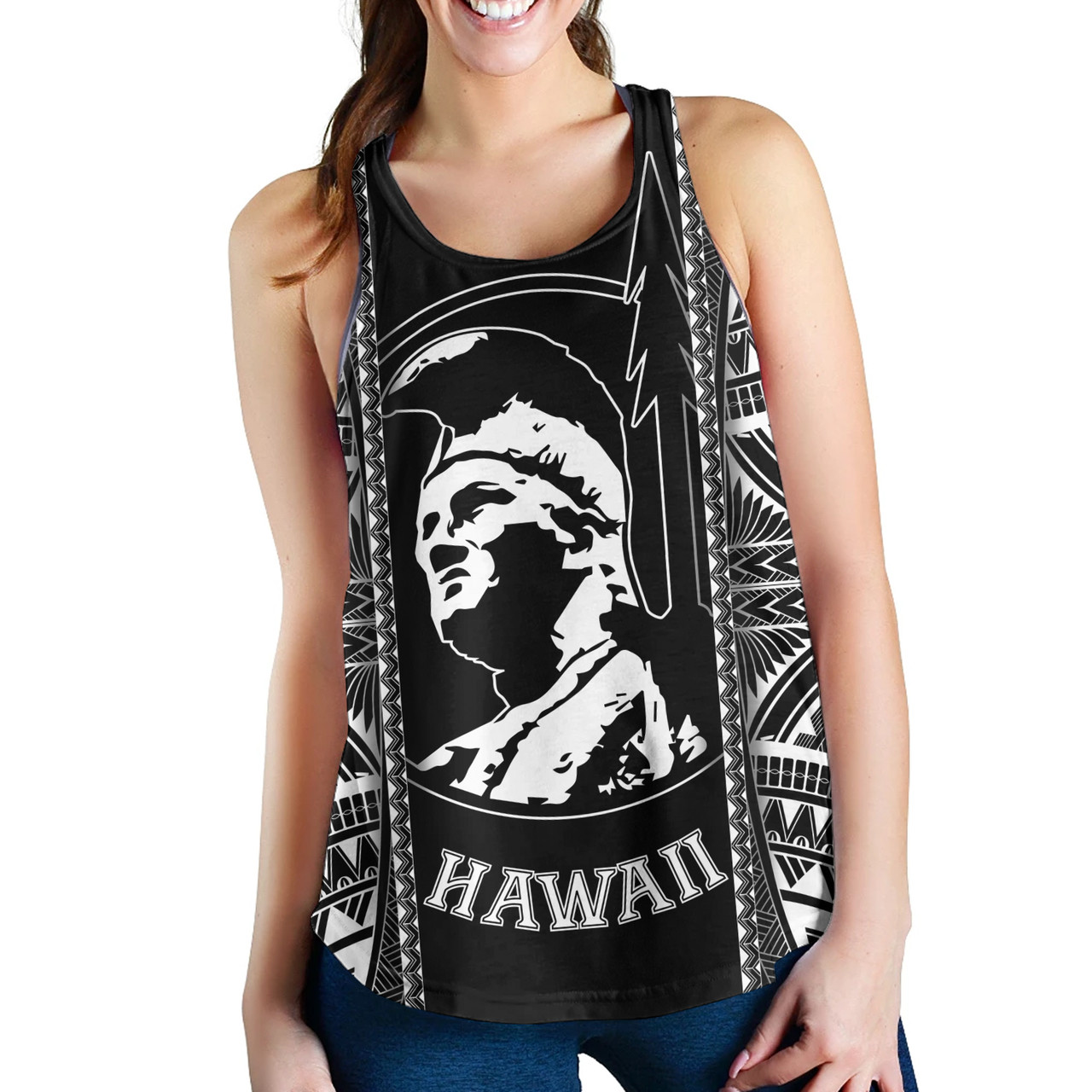 Hawaii Custom Personalised Women Tank King Kamekameha Black and White Polynesian