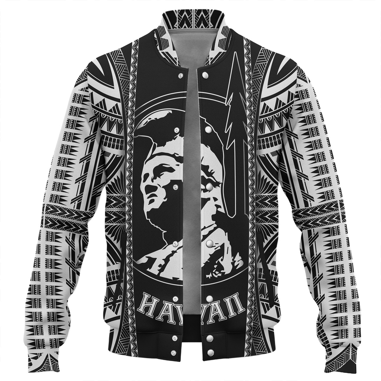 Hawaii Custom Personalised Baseball Jacket King Kamekameha Black and White Polynesian