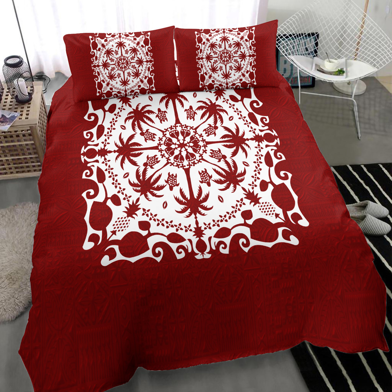Hawaii Red Pattern Palm Trees and Turtles Duvet Cover