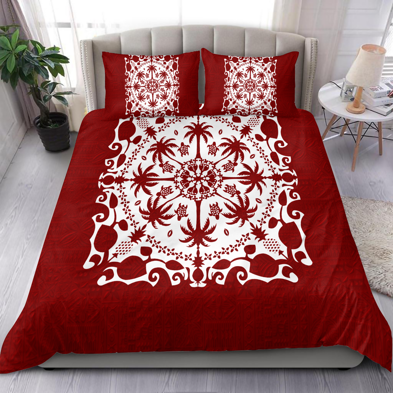 Hawaii Red Pattern Palm Trees and Turtles Duvet Cover