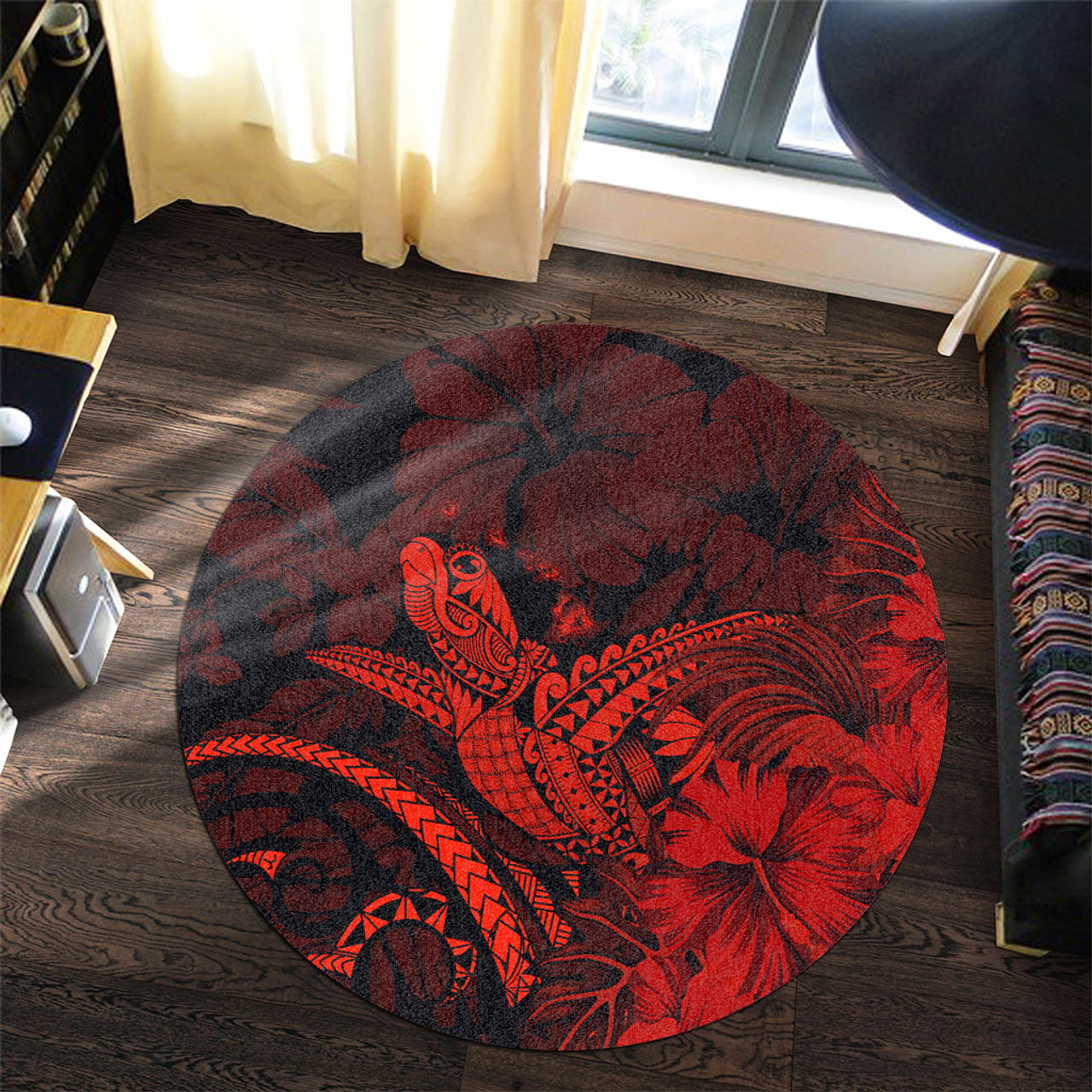 Hawaii Round Rug Turtle Polynesian With Hibiscus Flower