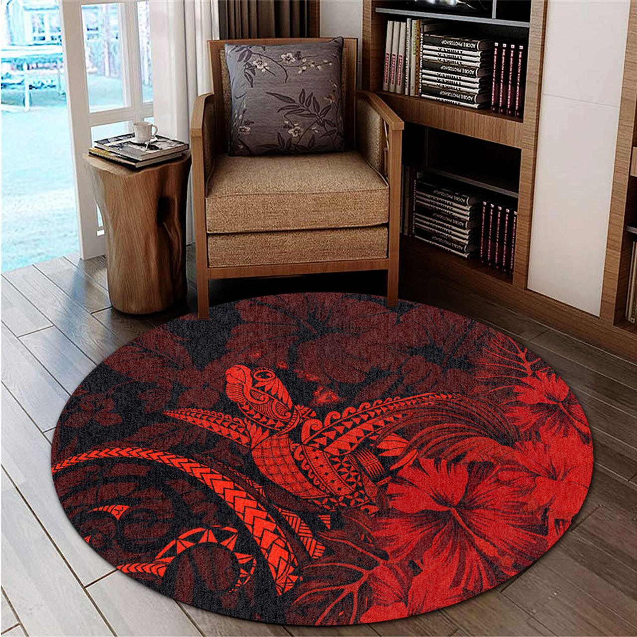 Hawaii Round Rug Turtle Polynesian With Hibiscus Flower