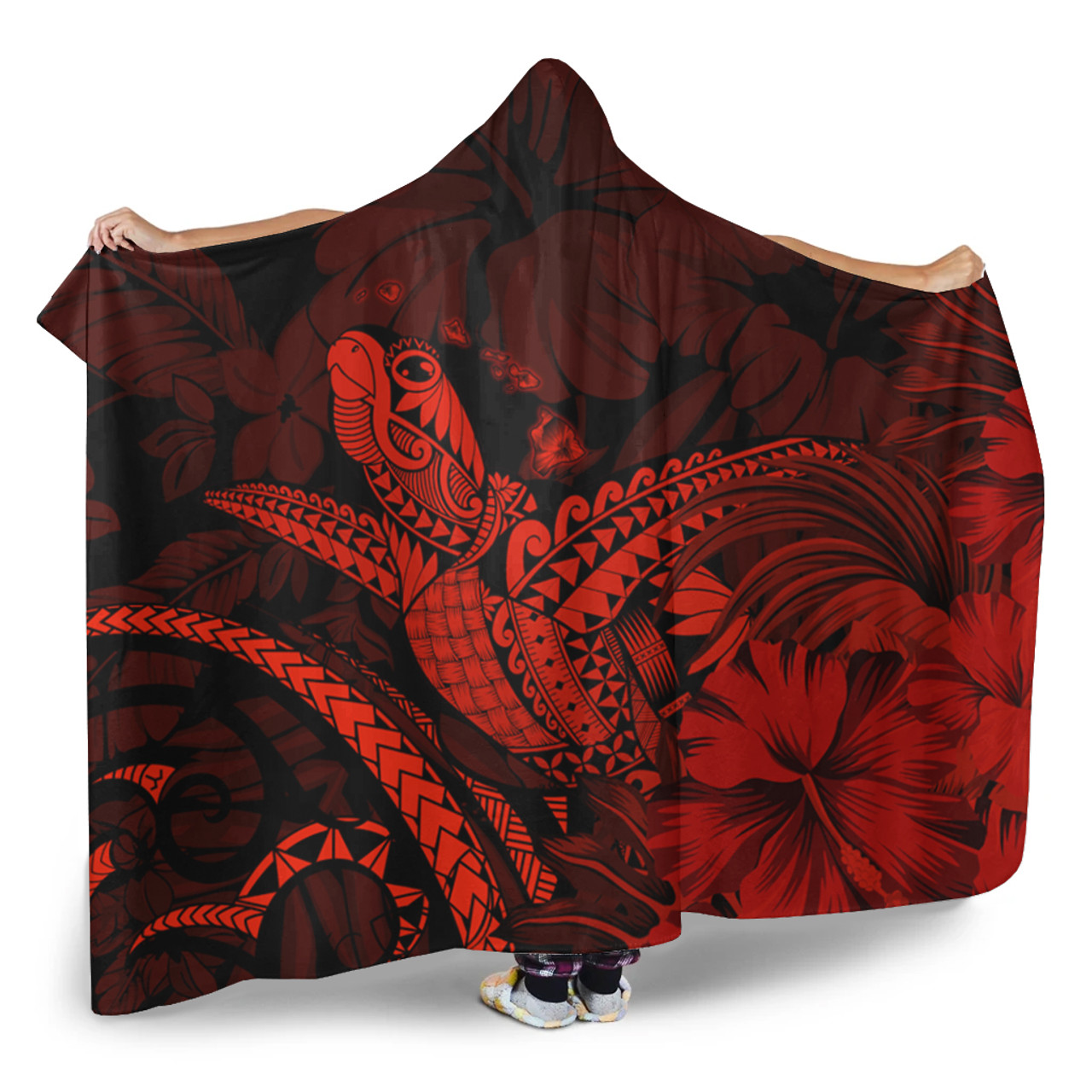 Hawaii Hooded Blanket Turtle Polynesian With Hibiscus Flower