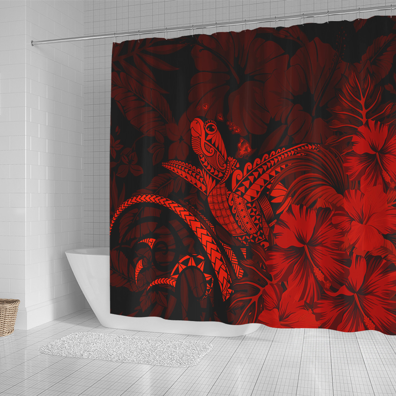 Hawaii Shower Curtain Turtle Polynesian With Hibiscus Flower