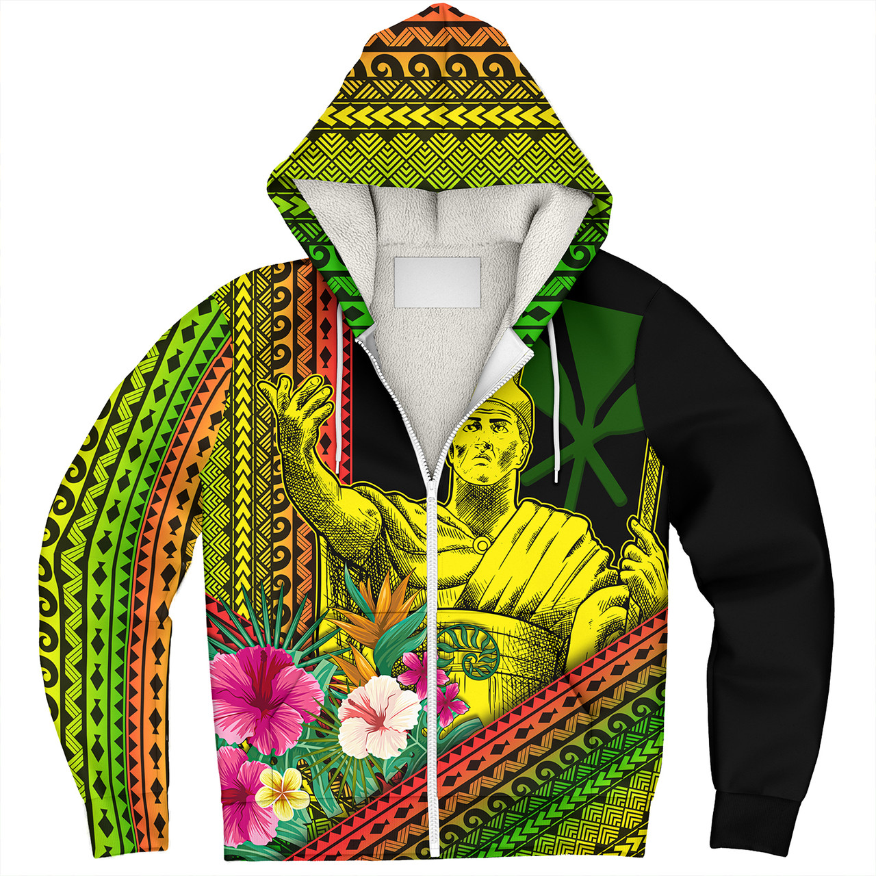 Hawaii Sherpa Hoodie King Kamekameha Tropical Flowers Hawaii Polynesian