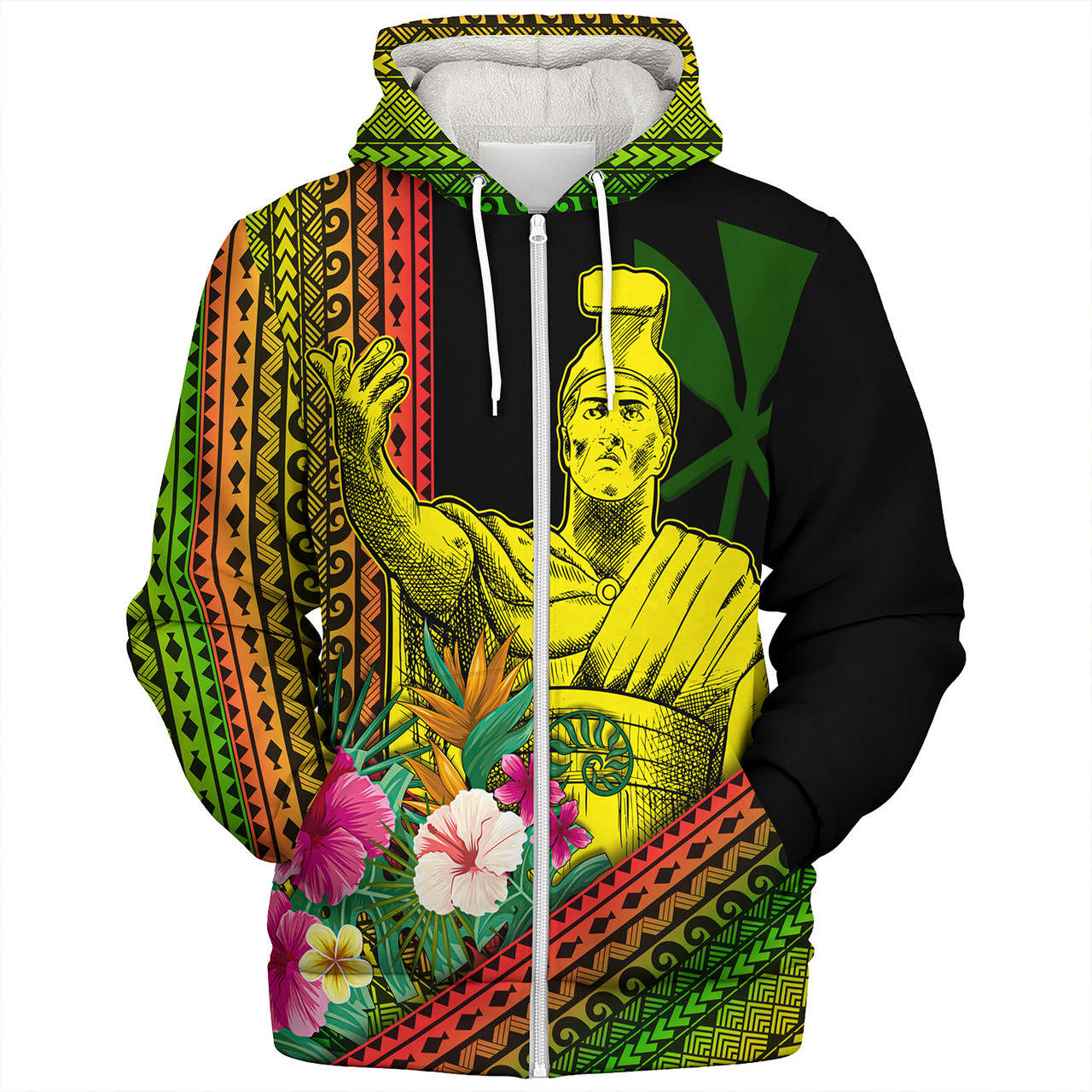 Hawaii Sherpa Hoodie King Kamekameha Tropical Flowers Hawaii Polynesian