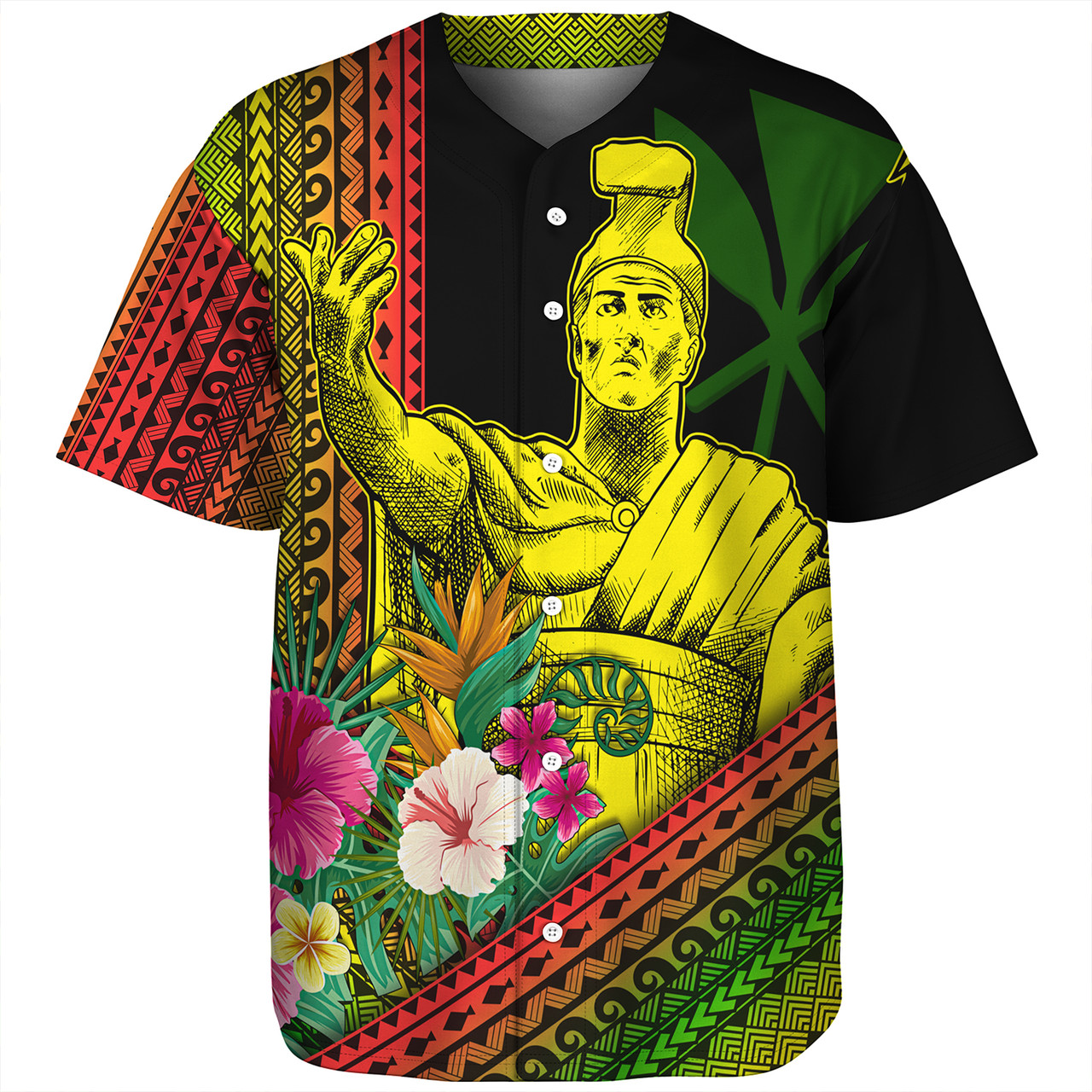 Hawaii Baseball Shirt King Kamekameha Tropical Flowers Hawaii Polynesian