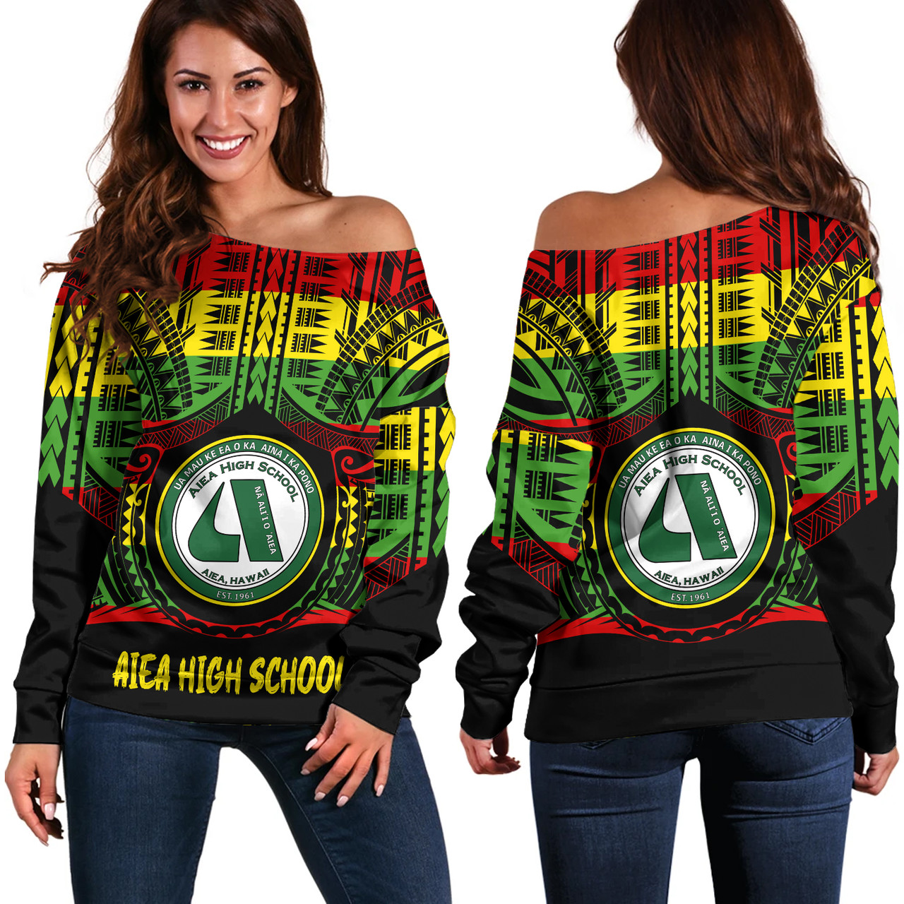 Hawaii Off Shoulder Sweatshirt ʻAiea High School Reggae Color Polynesian