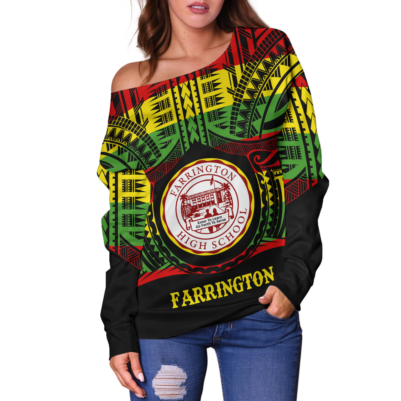 Hawaii Off Shoulder Sweatshirt Farrington High School Reggae Color Polynesian