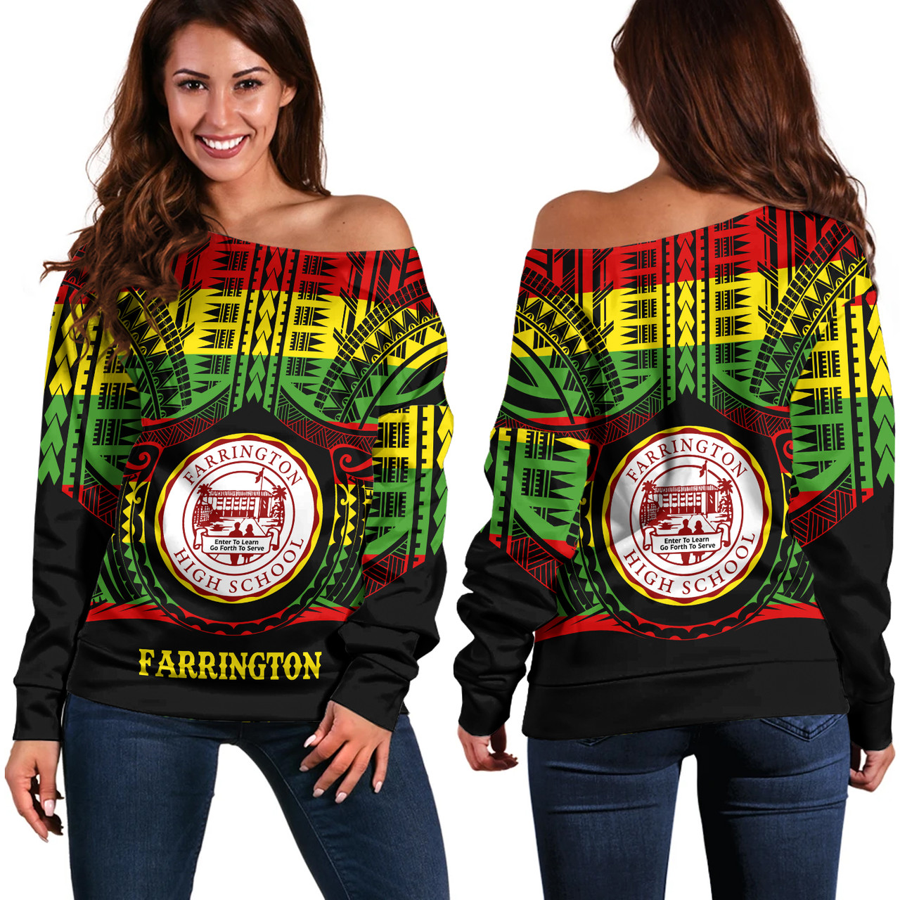 Hawaii Off Shoulder Sweatshirt Farrington High School Reggae Color Polynesian