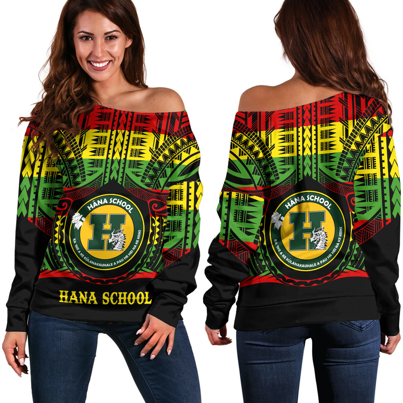 Hawaii Off Shoulder Sweatshirt Hana High and Elementary School Reggae Color Polynesian