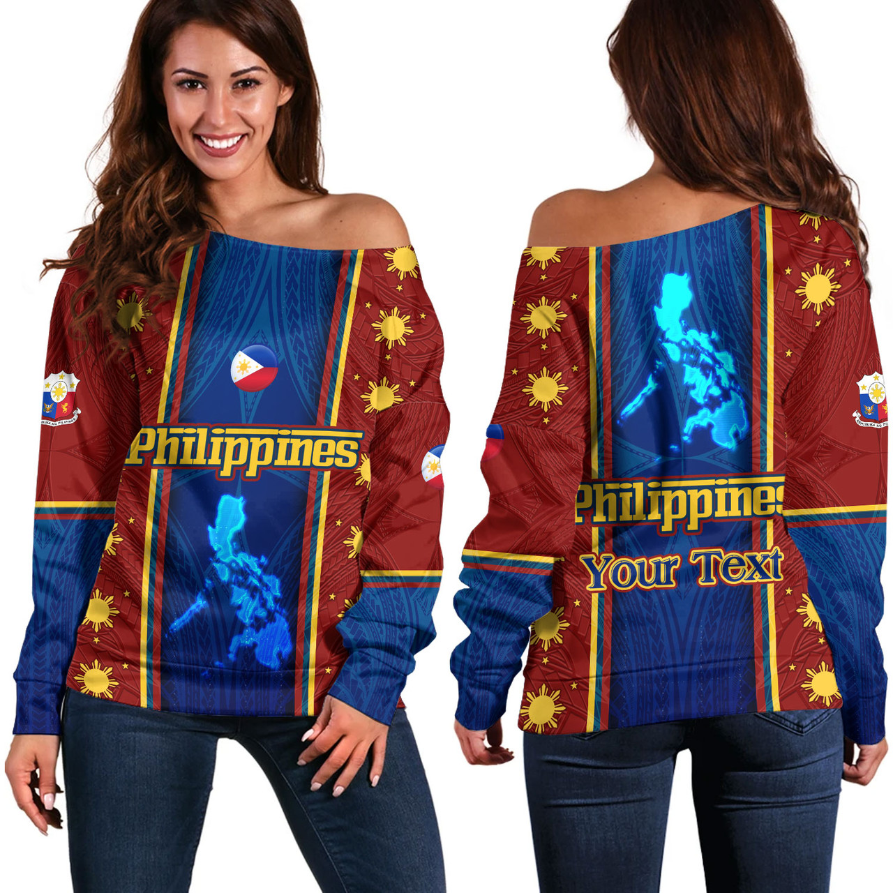 Philippines Filipinos Custom Personalised Off Shoulder Sweatshirt Tribal Sun Traditional Patterns