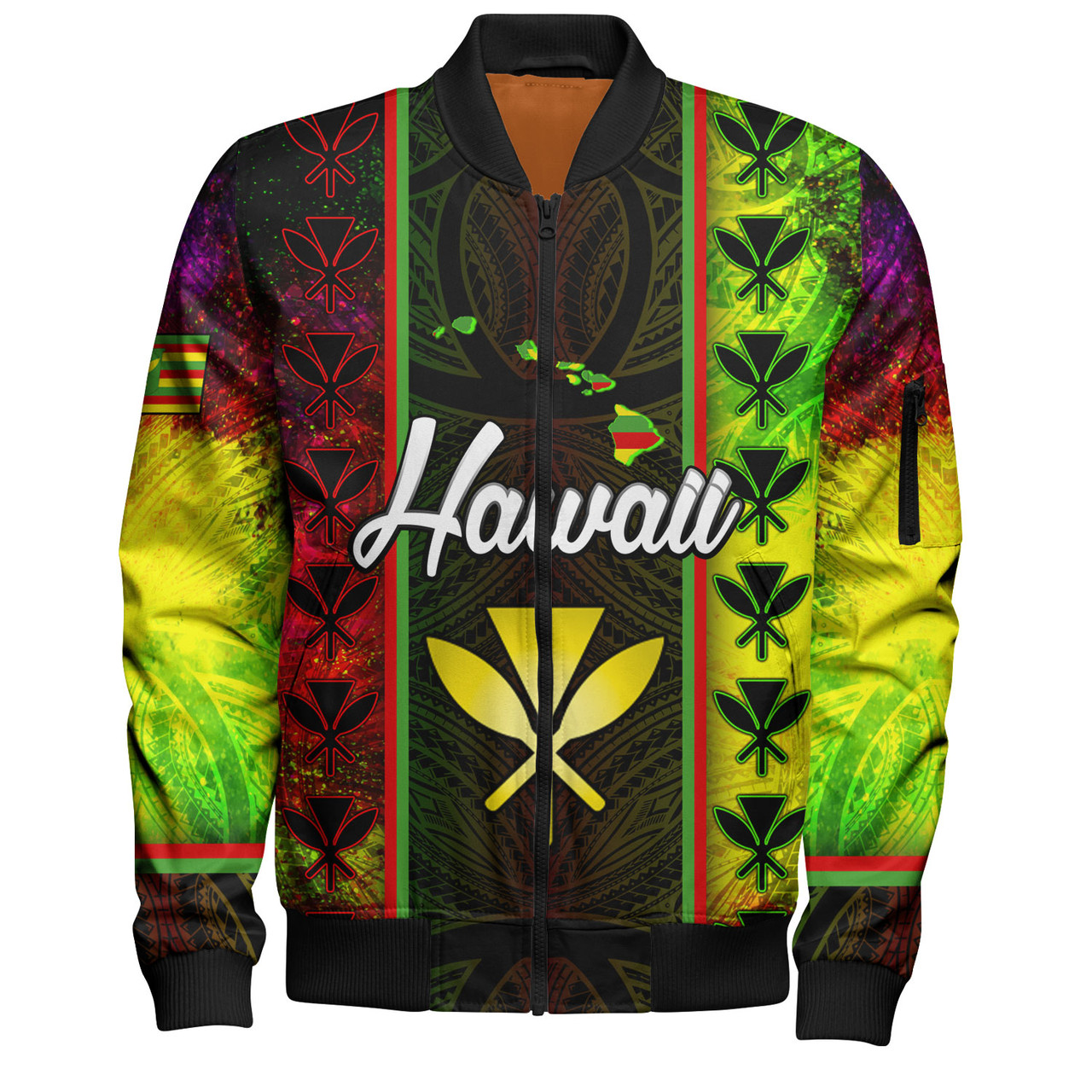 Hawaii Custom Personalised Bomber Jacket Kanakamaoli Flag With Map Traditional Patterns