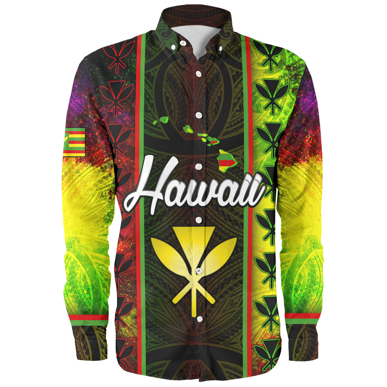 Hawaii Custom Personalised Long Sleeve Shirt Kanakamaoli Flag With Map Traditional Patterns