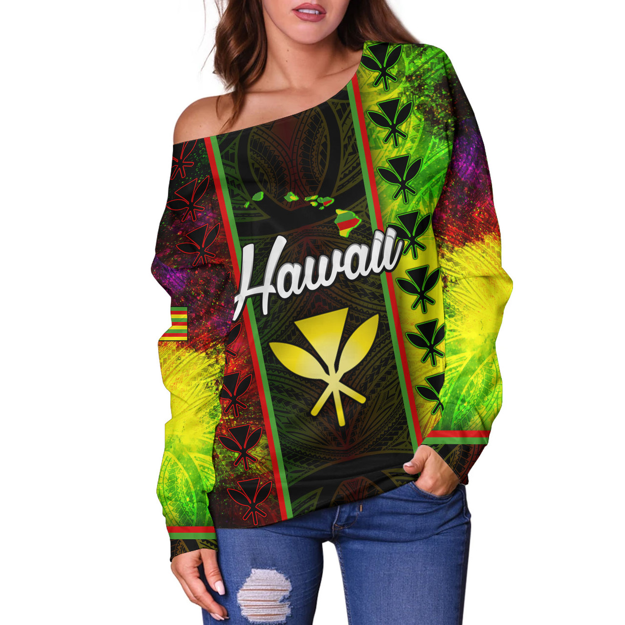 Hawaii Custom Personalised Off Shoulder Sweatshirt Kanakamaoli Flag With Map Traditional Patterns