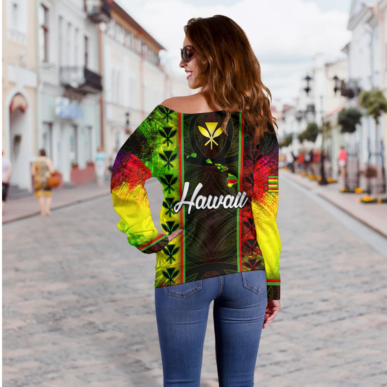 Hawaii Custom Personalised Off Shoulder Sweatshirt Kanakamaoli Flag With Map Traditional Patterns