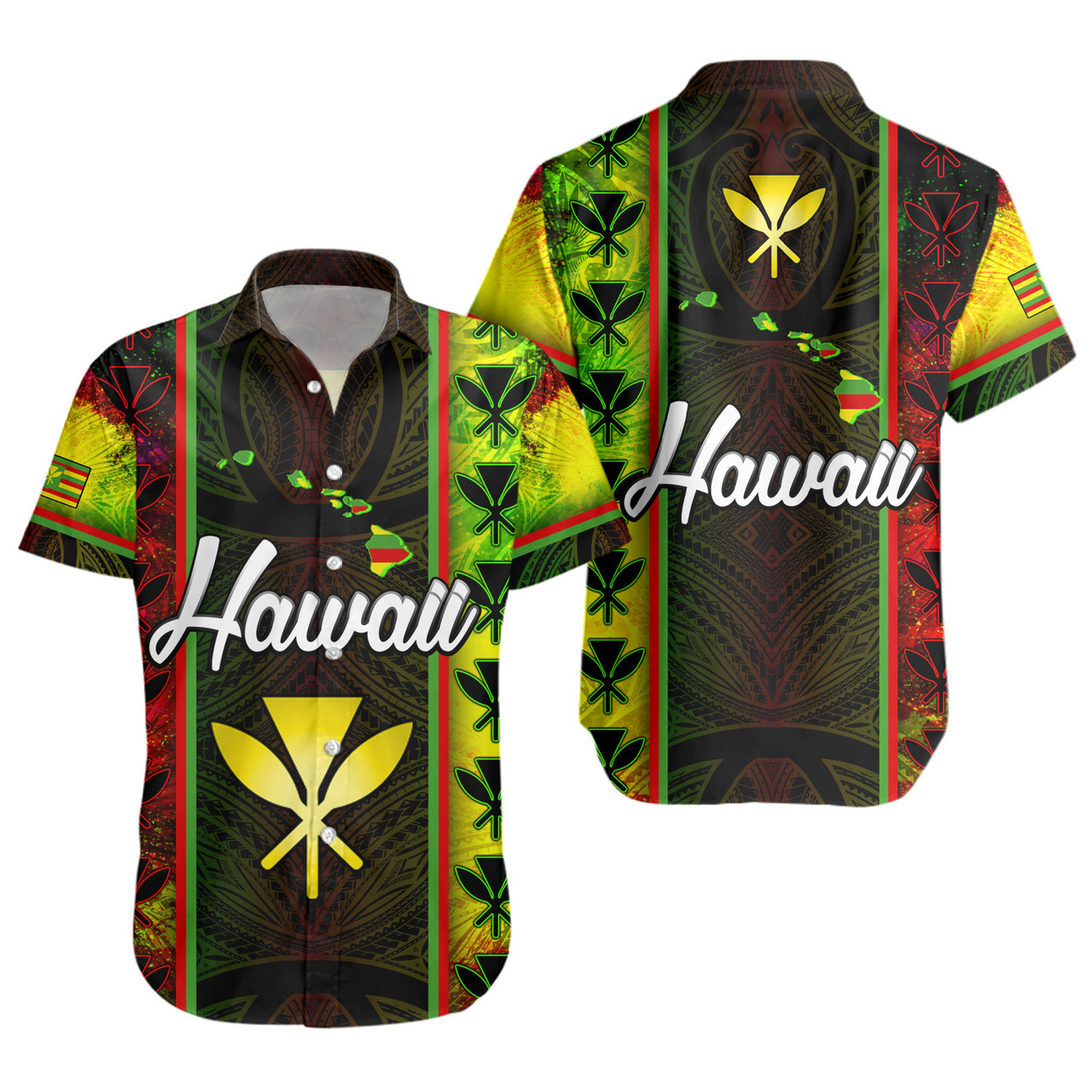 Hawaii Custom Personalised Short Sleeve Shirt Kanakamaoli Flag With Map Traditional Patterns