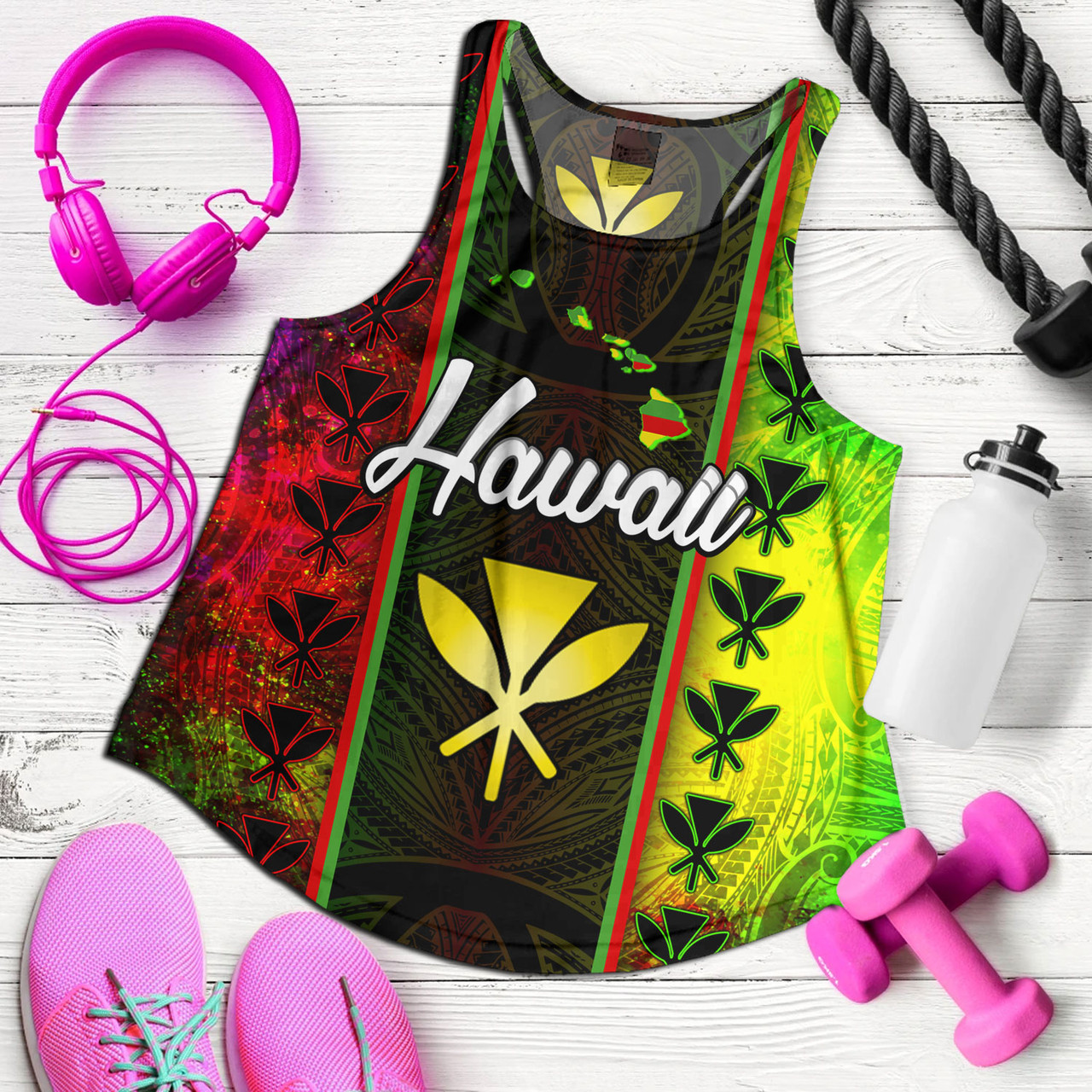 Hawaii Custom Personalised Women Tank Kanakamaoli Flag With Map Traditional Patterns