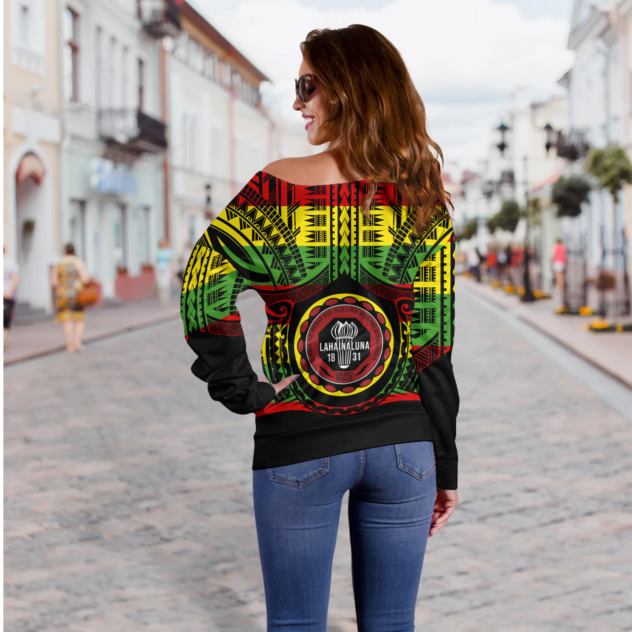 Hawaii Off Shoulder Sweatshirt Lahainaluna High School Reggae Color Polynesian