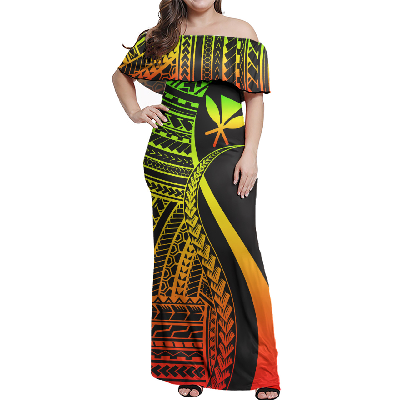 Hawaii Custom Personalised Woman Off Shoulder Long Dress Polynesian Tentacle Tribal Pattern