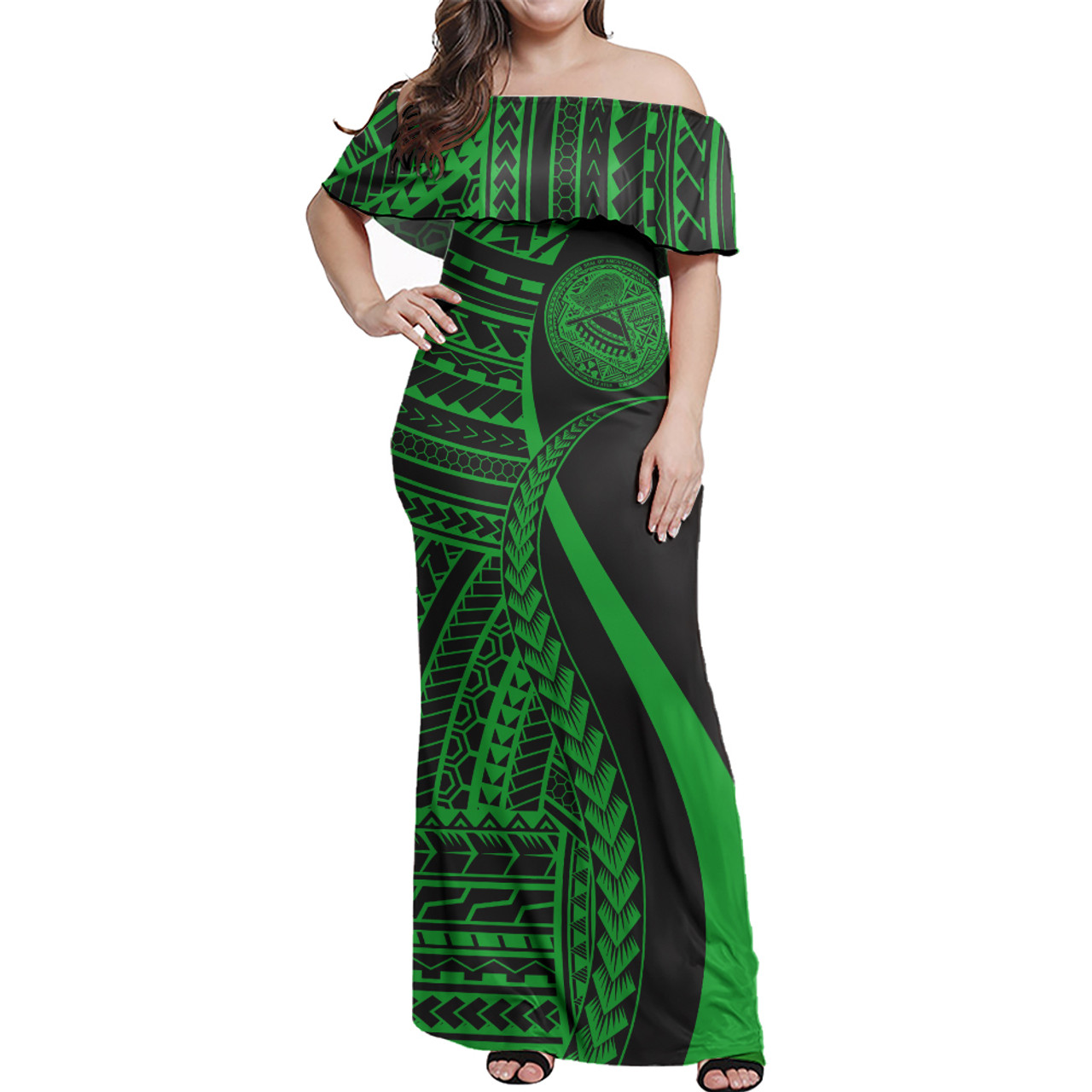 American Samoa Custom Personalised Woman Off Shoulder Long Dress Polynesian Tentacle Tribal Pattern